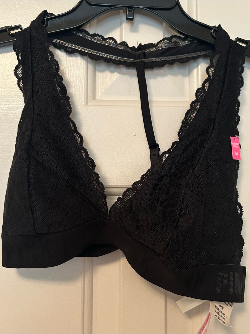 Victorias Secret Pink Black Lace Unlined Halter Bralette Size Medium NWT